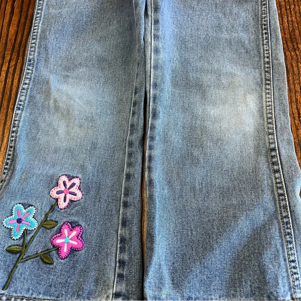 Vintage Y2K Gasoline Girls Bib Overalls Size Large Denim Jeans Flower Power